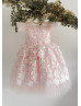 White Floral Appliques Pink Tulle V Back Flower Girl Dress